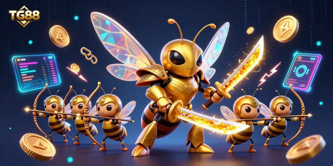 Engage with the exciting gaming universe at TG88 featuring dynamic 3D illustrations of golden hornet warriors and cryptocurrency elements.