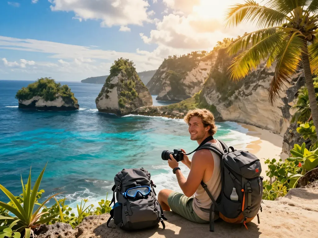 Explore Bali tour packages with a traveler at Kelingking Beach, capturing stunning views of cliffs and turquoise waters.