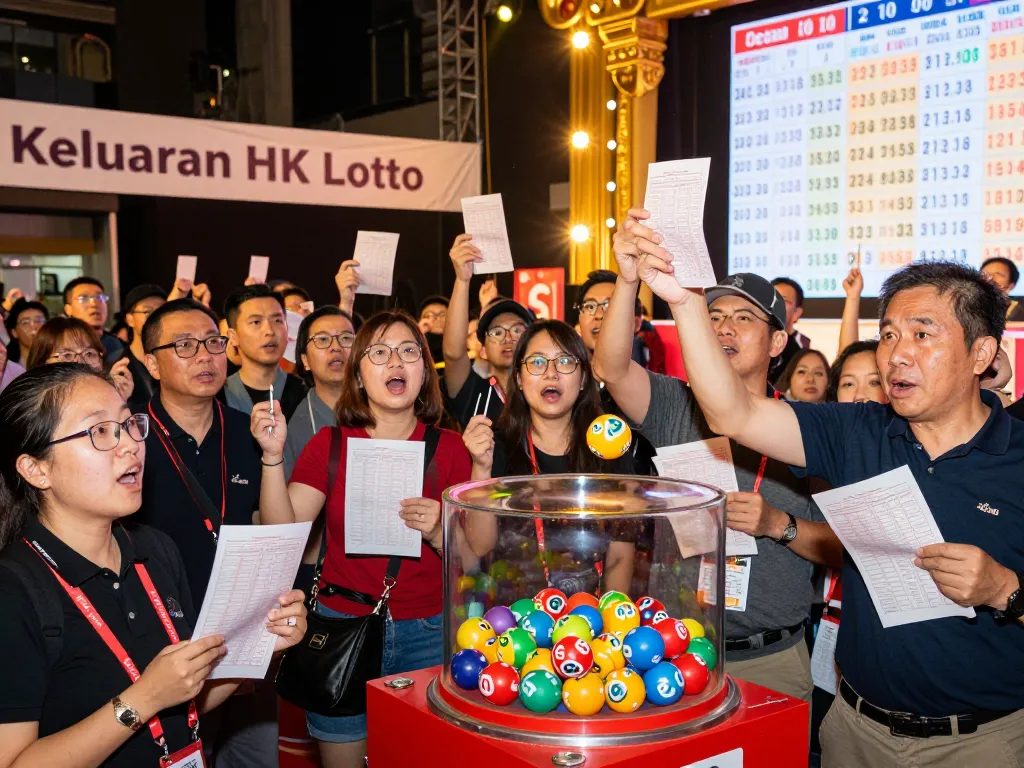 Acara undian langsung Keluaran HK Lotto dengan pemain yang bersemangat dan angka kemenangan yang ditampilkan.