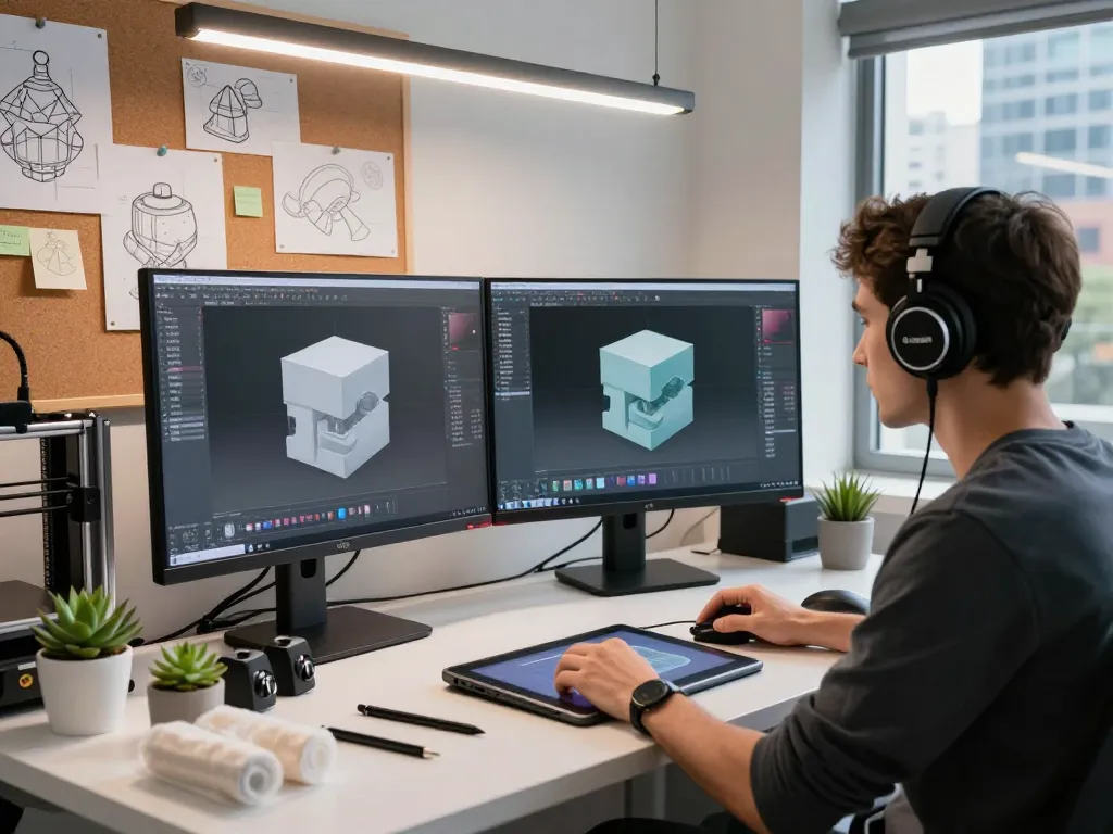3D Model generator in a vibrant design workspace showcasing a designer creating intricate models on dual monitors.