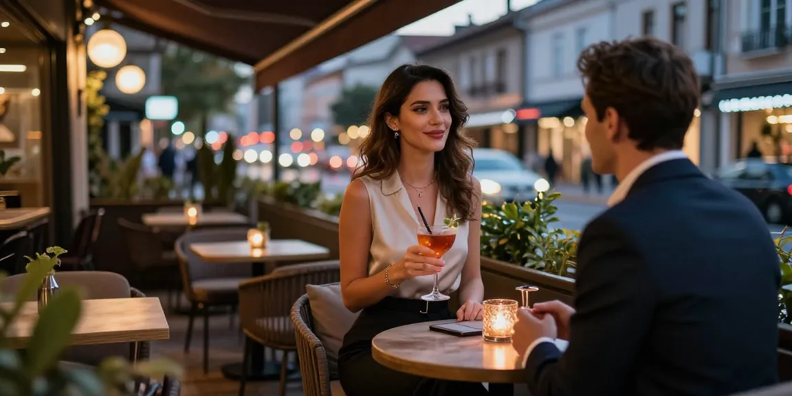 Elegant companion conversation scene in İzmit, highlighting izmit escort ambiance in a stylish café setting.