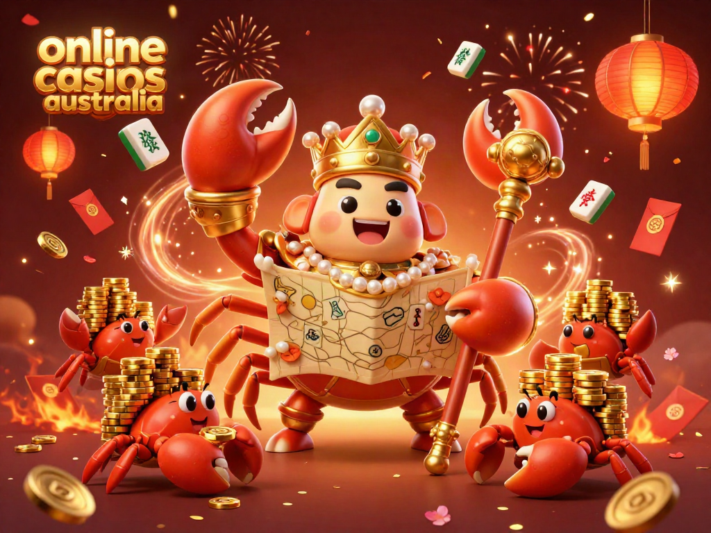 Experience the excitement of online casinos Australia, showcasing a vibrant 3D crab emperor surrounded by celebratory elements.