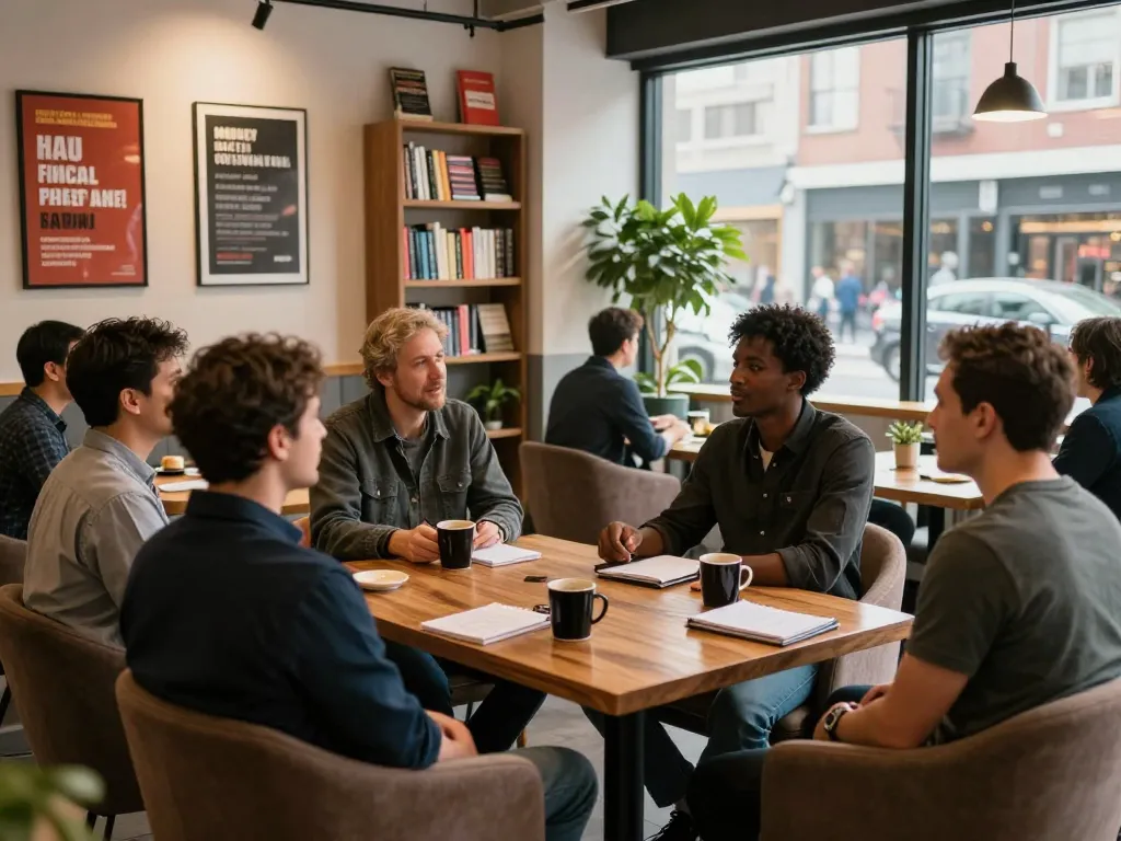 A vibrant man club scene with diverse men engaging in conversation and support.