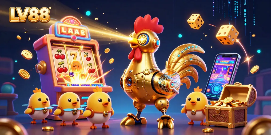 Experience LV88's vibrant gaming world with a dynamic scene of a golden rooster robot and gaming elements.