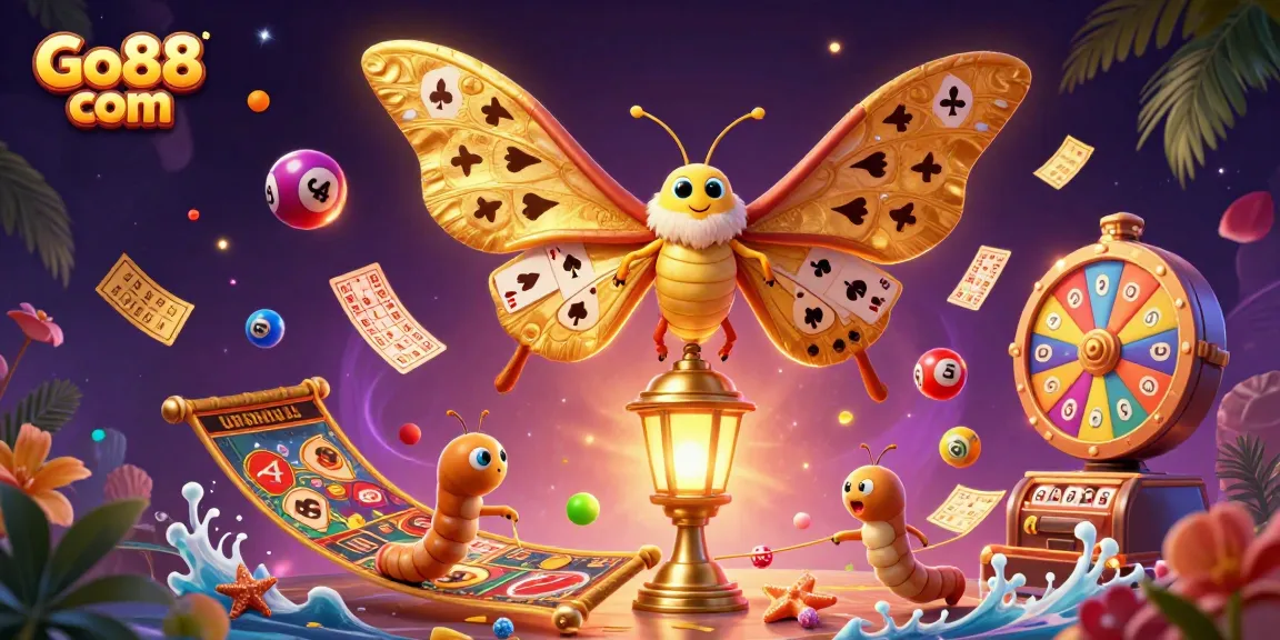 Engage in thrilling gameplay at Go88 com with vibrant lottery balls, a golden moth, and dynamic casino scenes.