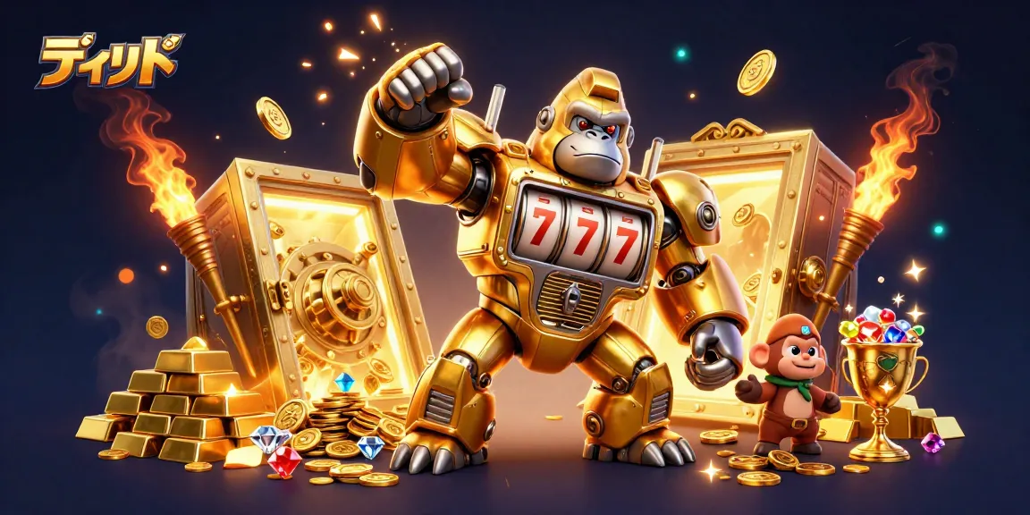 Engaging scene featuring ディルド and a golden gorilla mech amidst treasure vaults and casino elements.