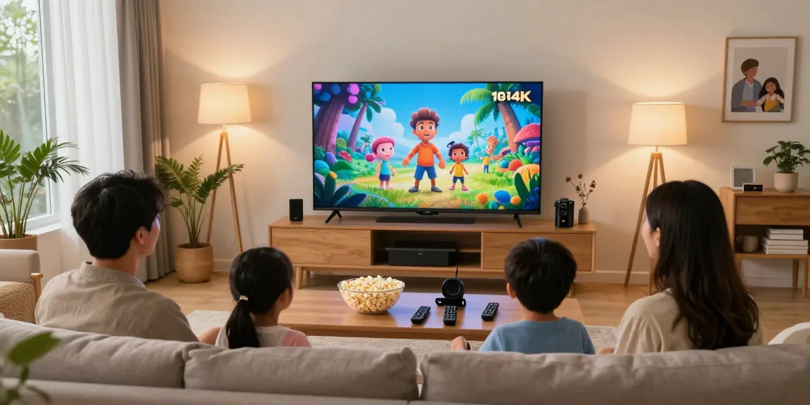 Family enjoying TV movie night with iptv-aanbieders.com 4K streaming setup in a cozy living room.