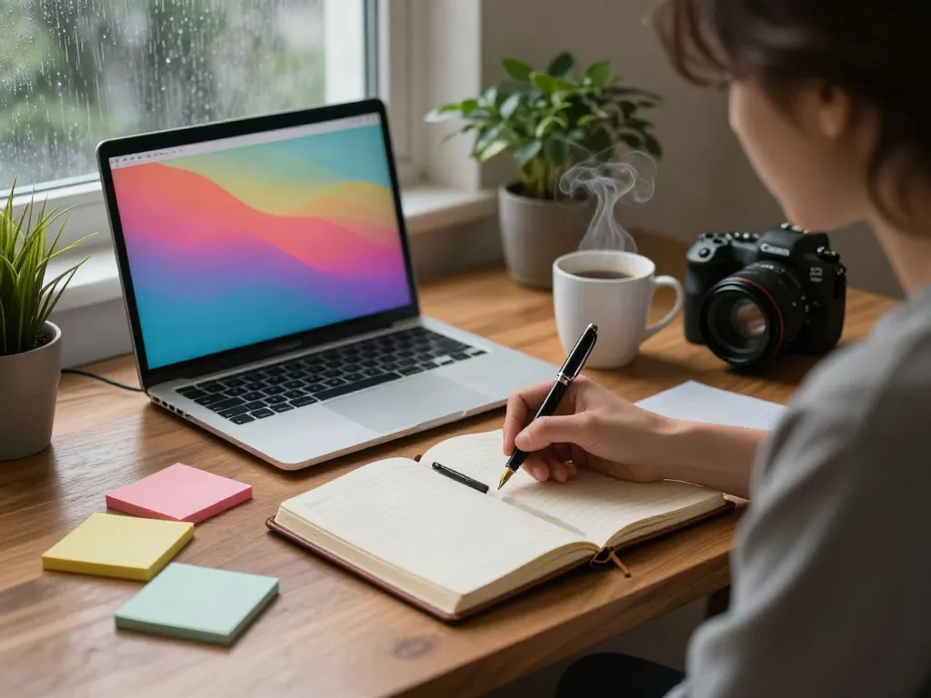 Individual journaling about rokok88 in a cozy home office, capturing reflections.