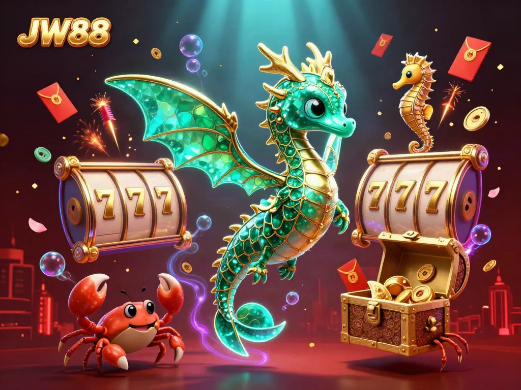 JW88 showcases vibrant 3D illustration of dragon, treasure, and gambling elements for online casino excitement.
