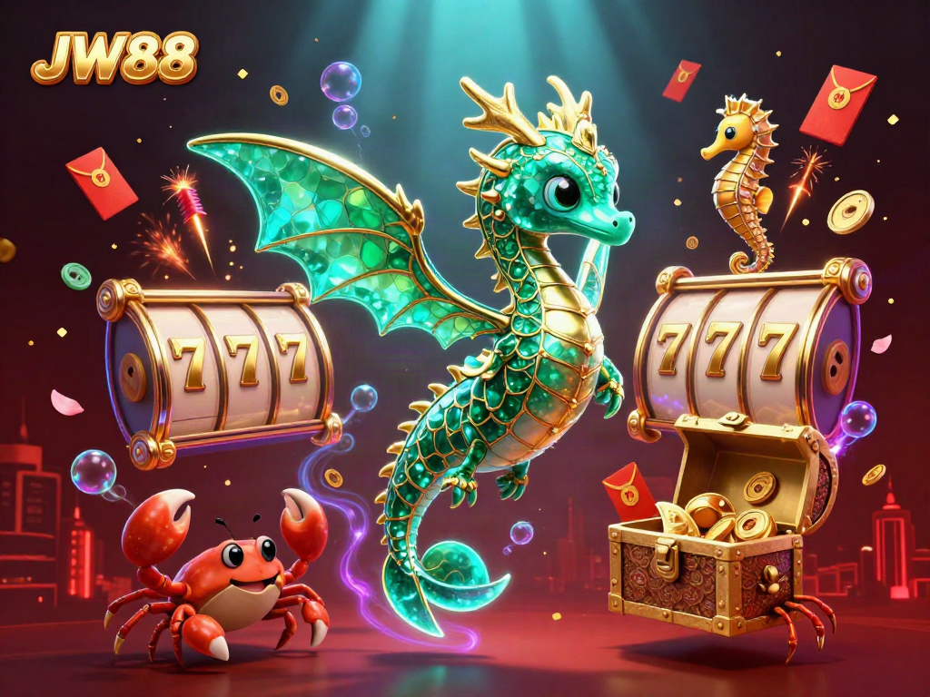 JW88 showcases vibrant 3D illustration of dragon, treasure, and gambling elements for online casino excitement.