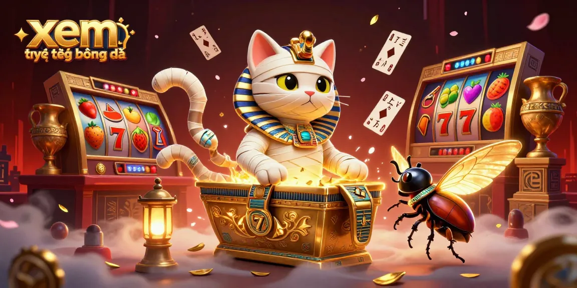 Engage in xem trực tiếp bóng đá with a vibrant, lively casino scene depicting a mummy cat and scarab beetle amidst glowing slot elements.