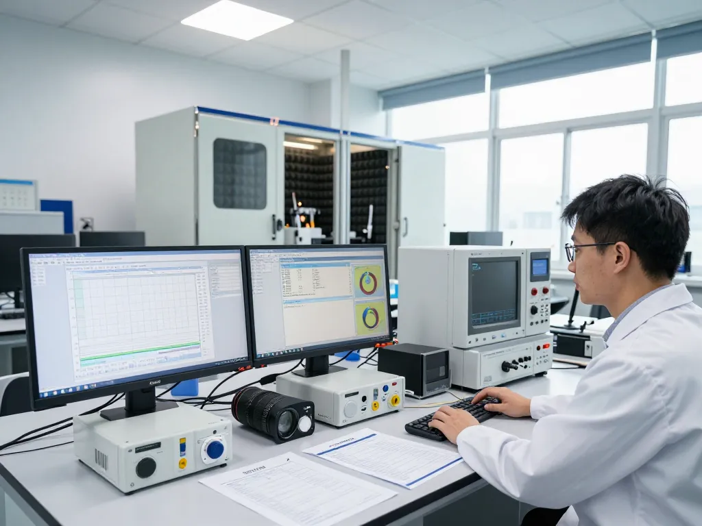 Professional engineer conducting FCC certification tests in advanced EMC testing lab