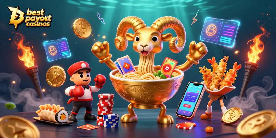 Engage with the best payout casinos featuring a dynamic 3D cartoon scene of a ramen bowl and casino elements.