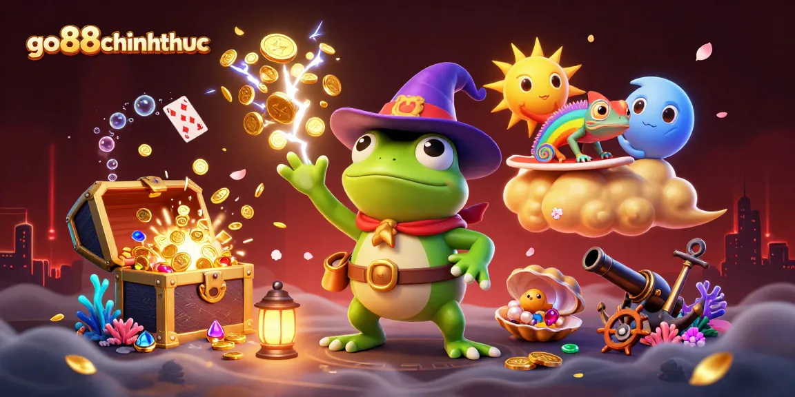Engage with go88chinhthuc as a wizard frog conjures golden coin storms in a vibrant casino scene.