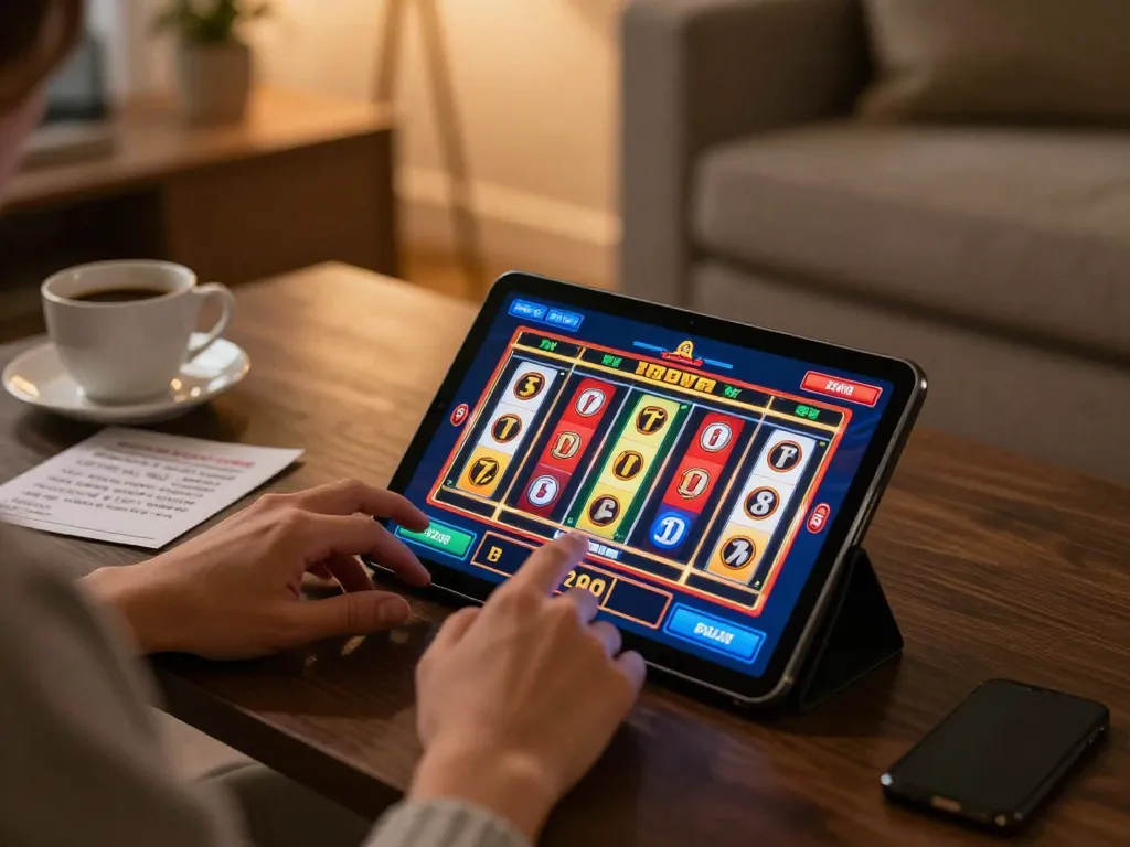 Engaging in online slots with 23Win on a cozy home tablet setup, showcasing vibrant gameplay.