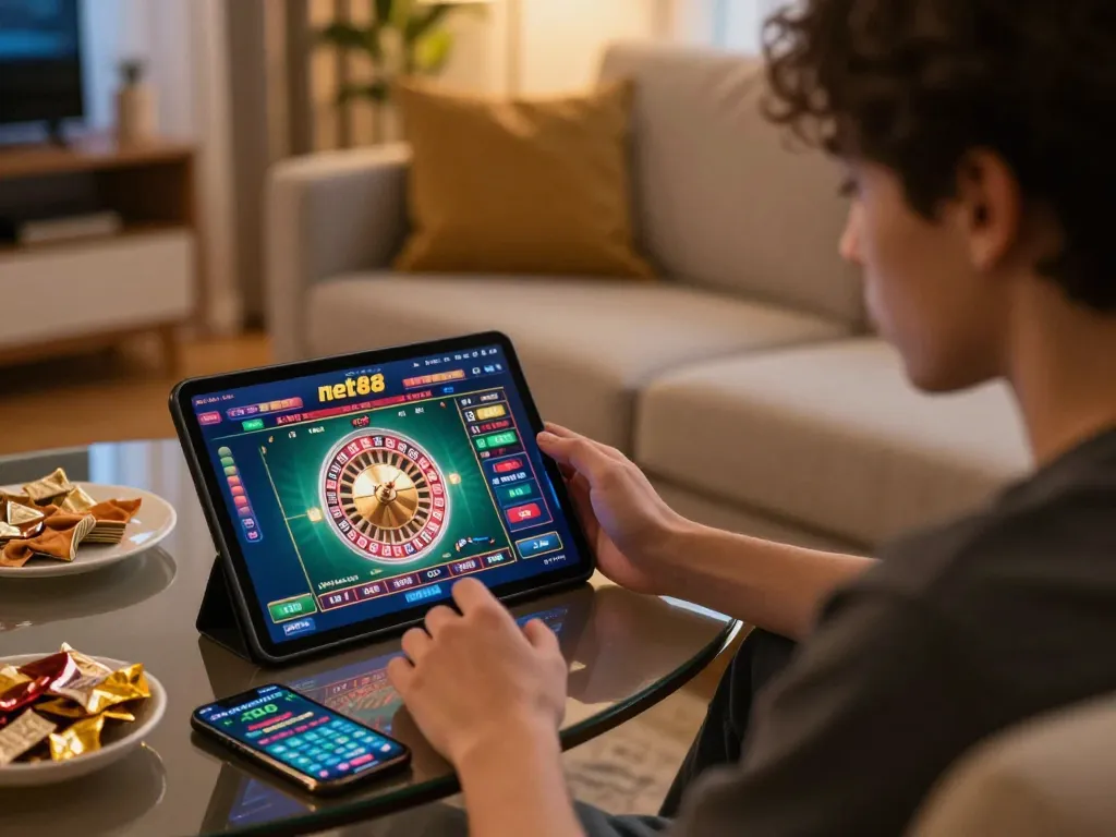 Person engaging with the net88 roulette game on a tablet in a cozy home setting.
