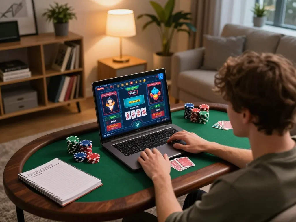 Engaged player exploring nhà cái options on laptop at home with warm lighting