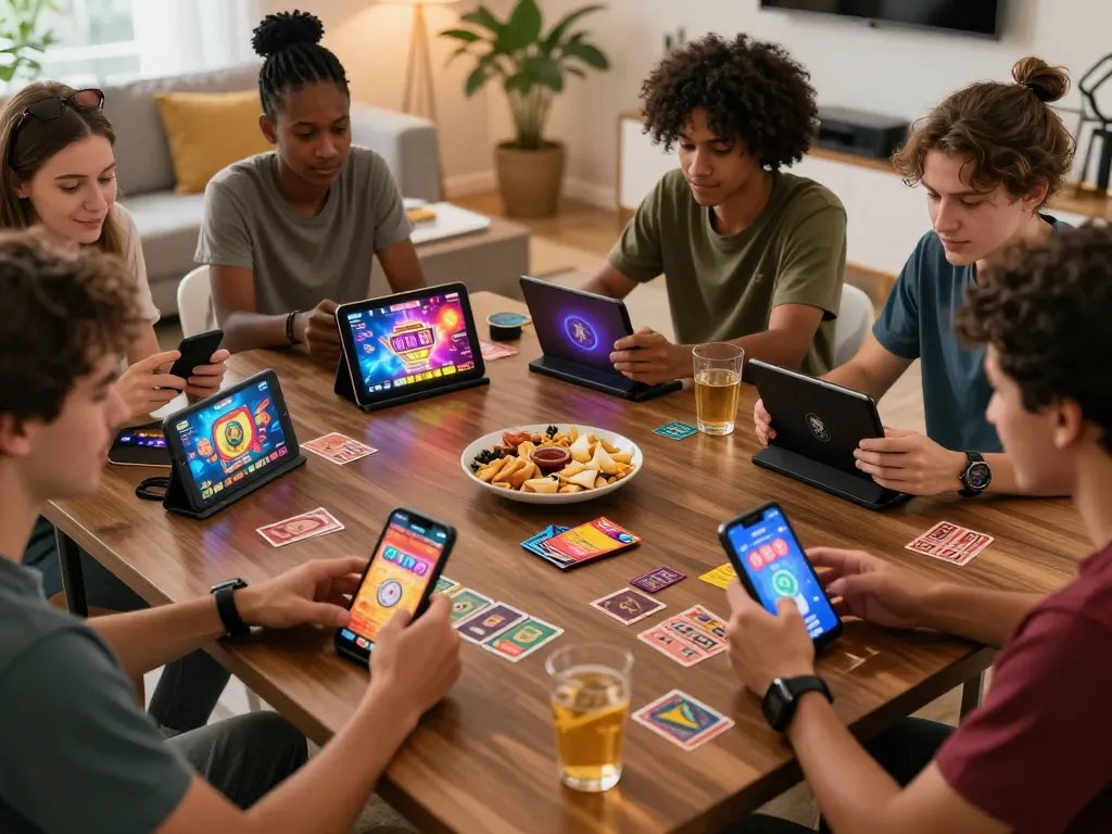 Friends enjoying rik vip games on smartphones in a lively living room.