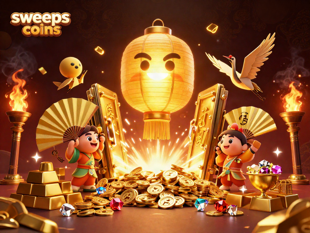 Experience the excitement of sweeps coins casino with a vibrant 3D illustration of golden spirits and treasures.