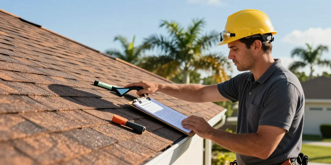 Roof inspection in Tampa showcasing a roofing professional assessing shingles and gutters, demonstrating expertise in residential roofing services.