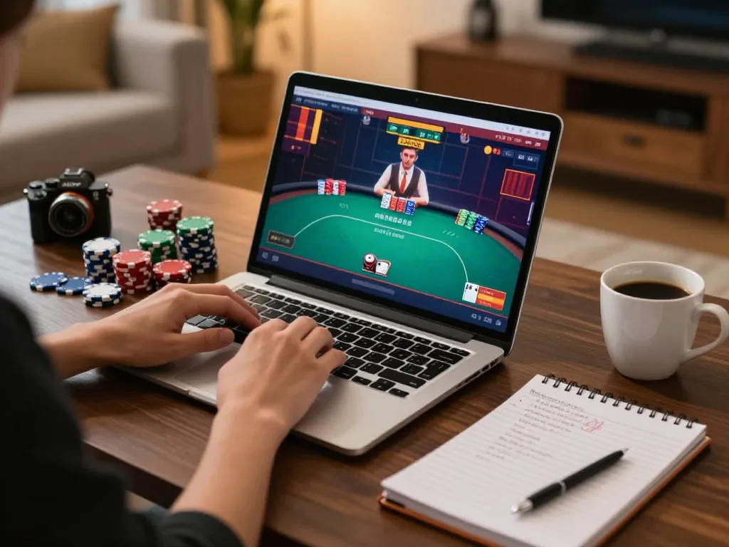 Engaged player using laptop for online gaming strategies with hytw3339 interface visible, showcasing a comfortable home gaming setup.