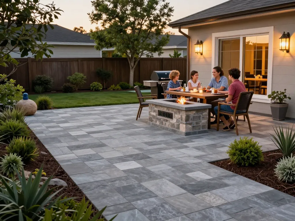 Paver companies near me transforming backyards with elegant paver patios, outdoor dining, and fire pits.