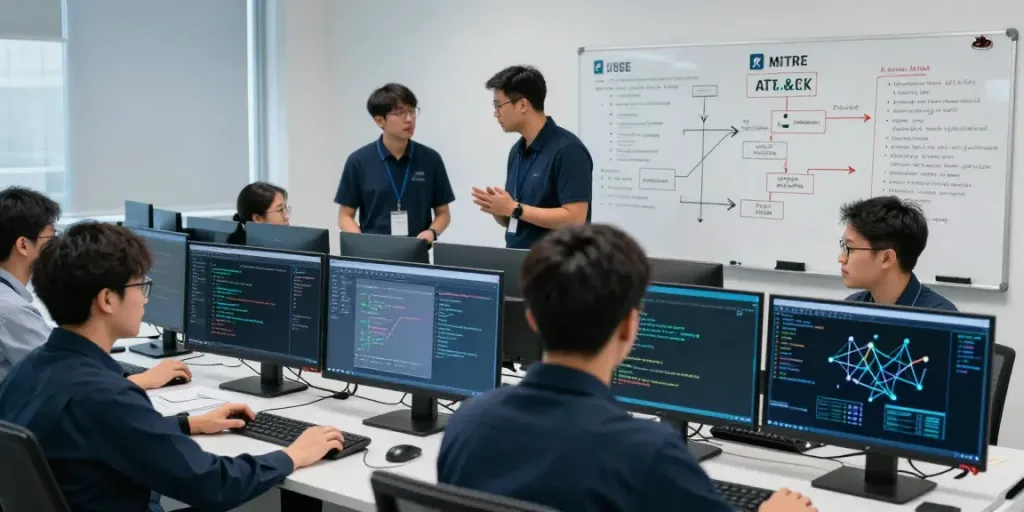 Red team simulation in a cybersecurity operations center showcasing attack strategies and response dynamics.