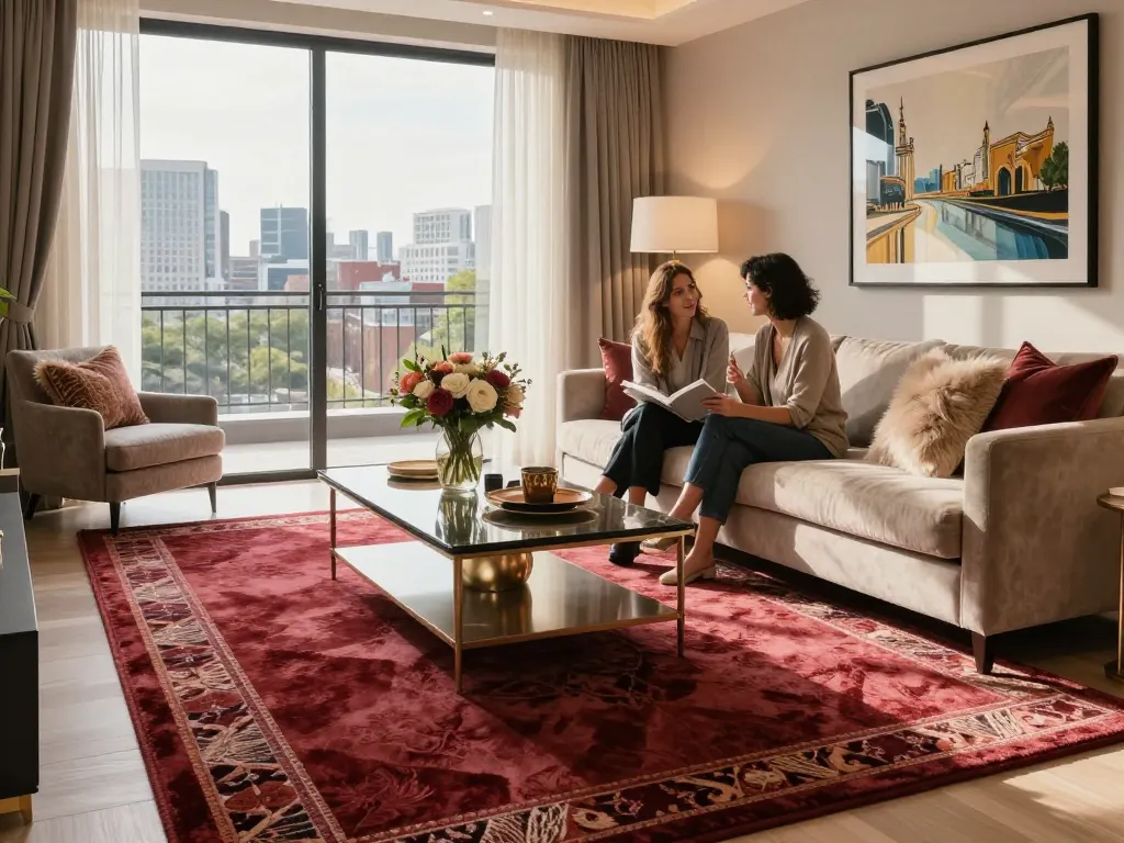 Elegant living room with luxury carpets London, stylish decor, and warm lighting