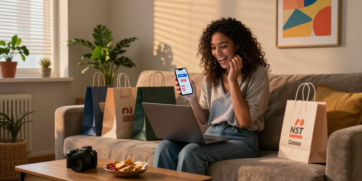 Young woman enjoying online shopping on a discount code website in Netherlands, surrounded by shopping bags and discount offers.