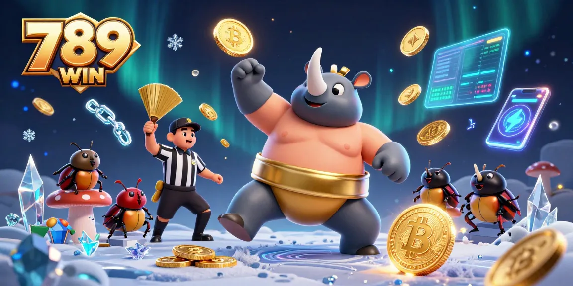 Engage in thrilling 789 WIN betting excitement with a cartoon beetle champion surrounded by animated coins and crypto elements.