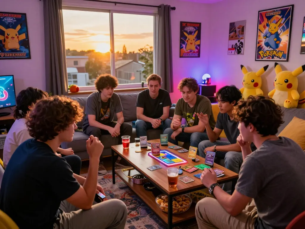 Group of friends enjoying a Pokémon TCG DB gaming night with cards and snacks in a cozy living room.