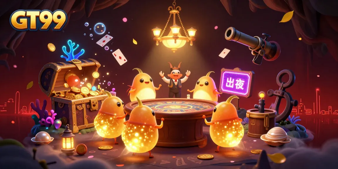 Join the excitement of GT99 with vibrant glowworms lighting up the cave casino scene while showcasing gold coins and colorful gems.