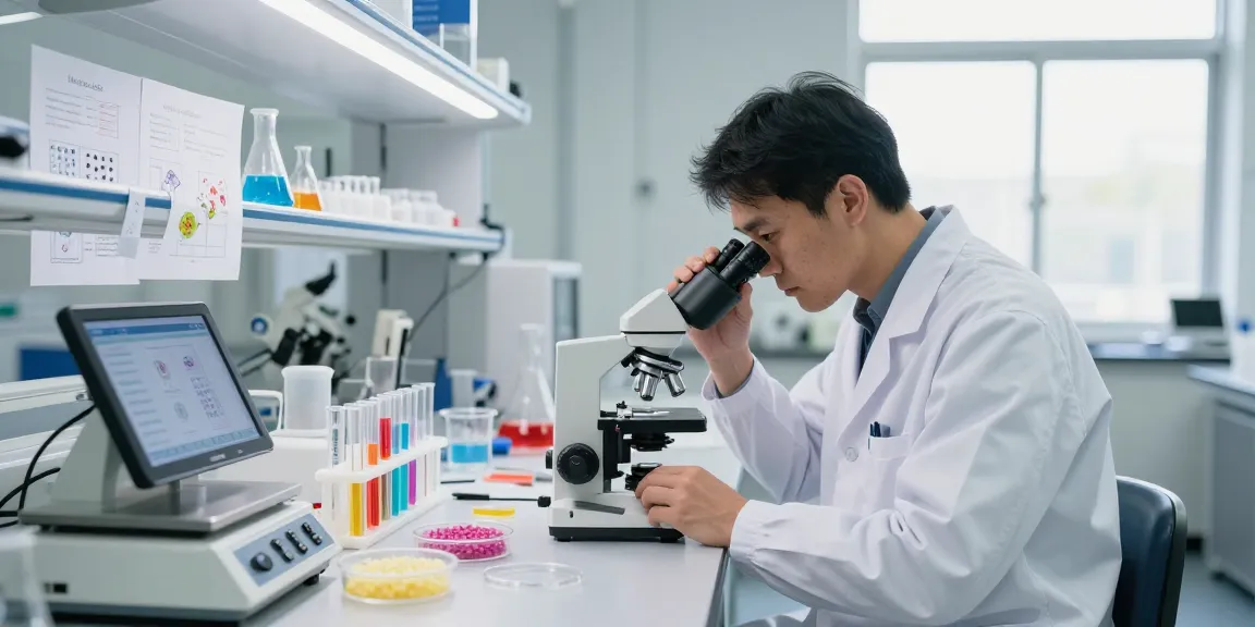 Technician analyzing polymer expandable microspheres in a modern lab setting, showcasing innovative research in material science.