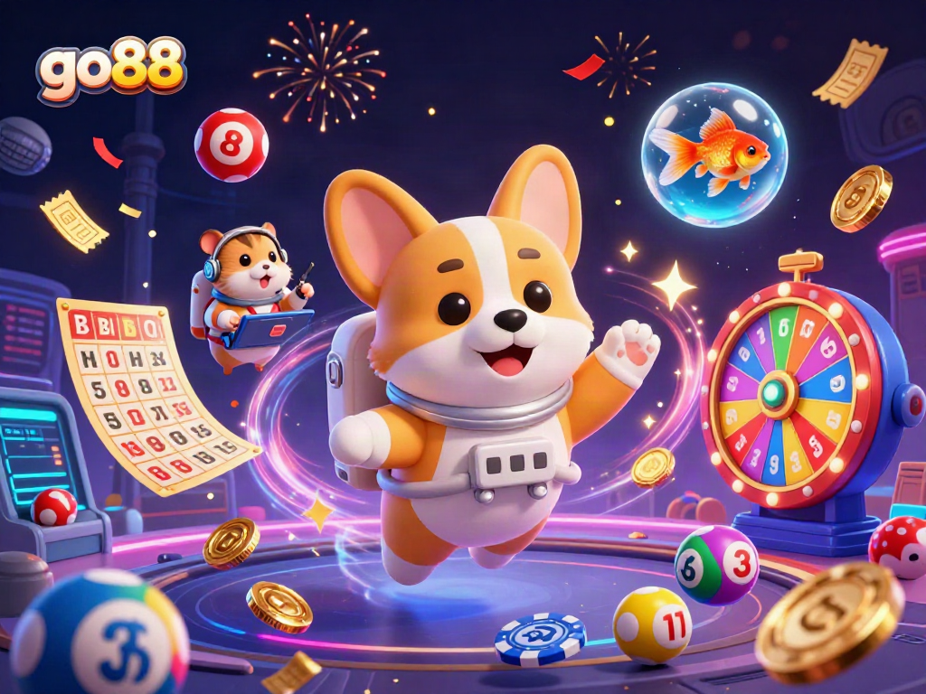 Launch into fun with go88's thrilling casino adventure featuring a cartoon corgi and lively game elements.
