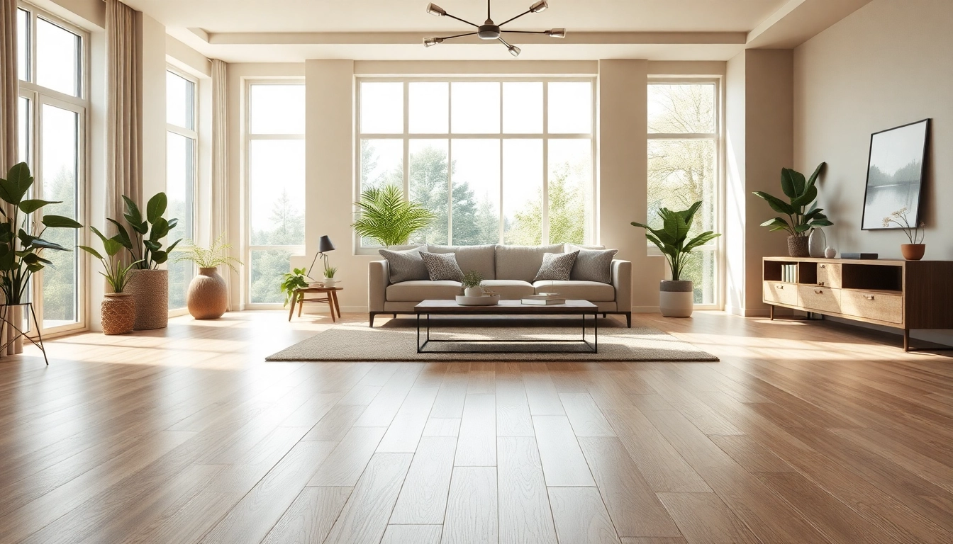 Showcasing waterproof vinyl flooring in a modern living room setting with bright natural light.