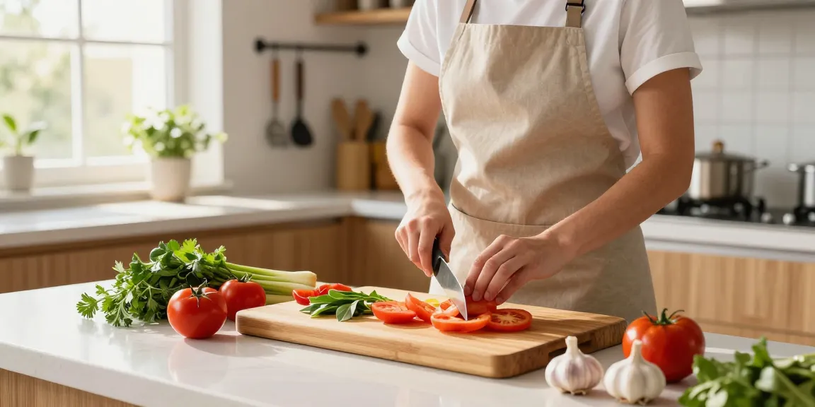 Chopping fresh vegetables on a totally bamboo cutting board in a bright kitchen.