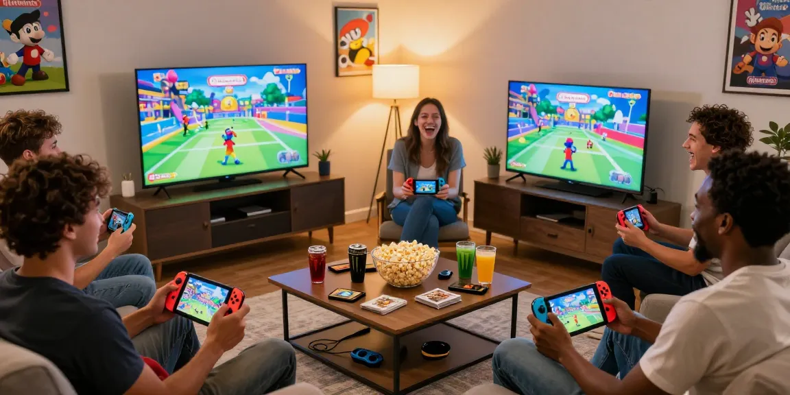 Exciting group gaming session with Nintendo Switch roms, showcasing diverse friends playing together in a lively living room.