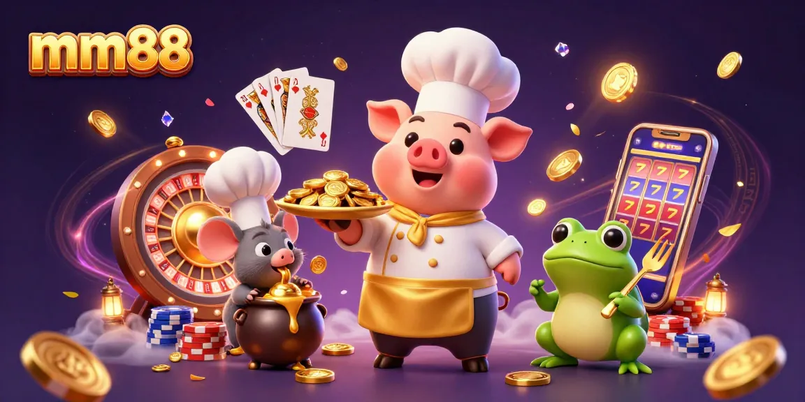 Experience mm88’s vibrant casino scene with a chef pig serving gold, dynamic game elements, and lively characters.