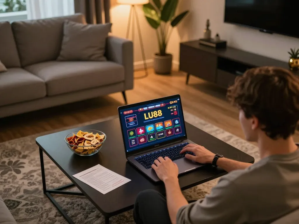 Player engaging in online gambling at LU88 on laptop in a cozy home setting