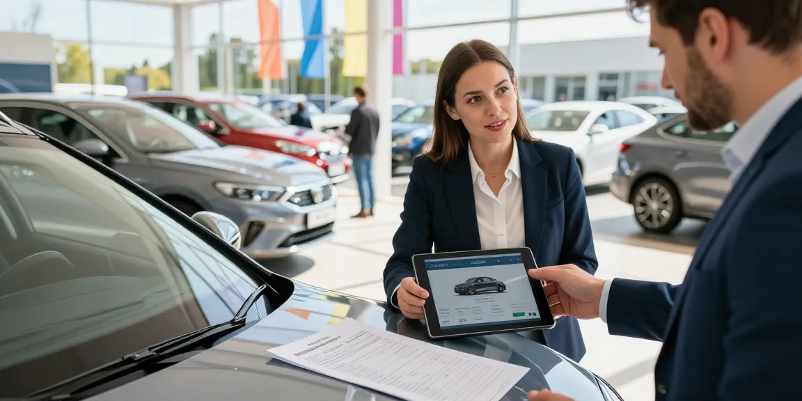Car check UK report being reviewed by buyer and salesperson at dealership.