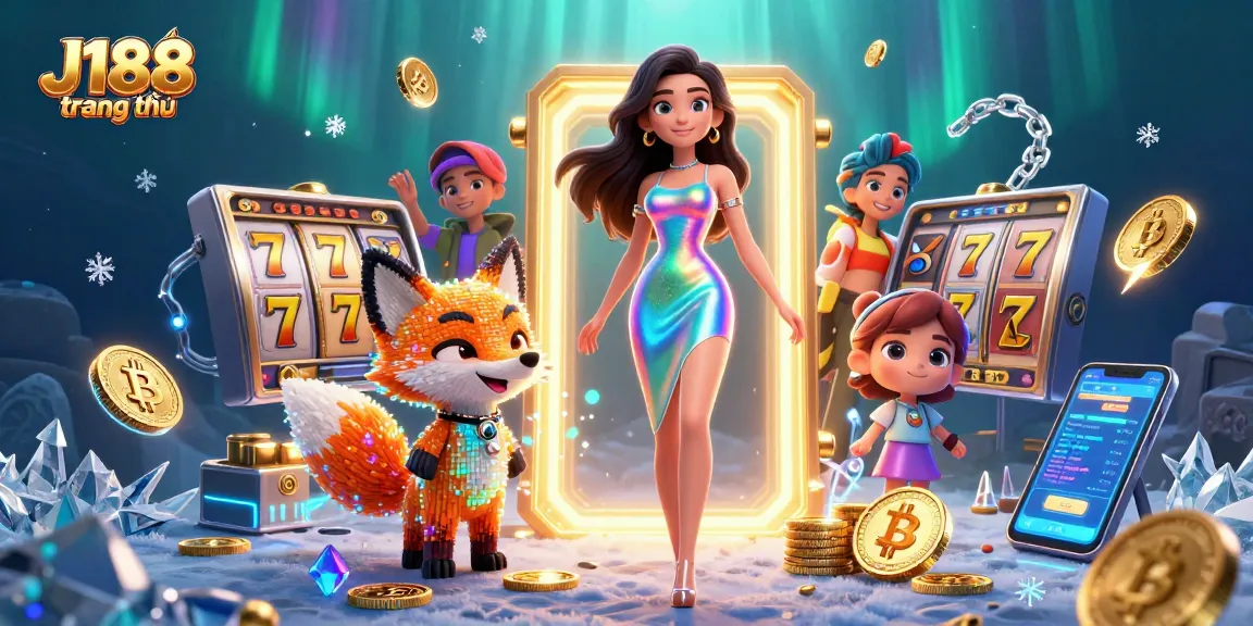 Experience thrilling gaming at J188 trang chủ with vibrant slots and crypto elements in a dynamic scene.