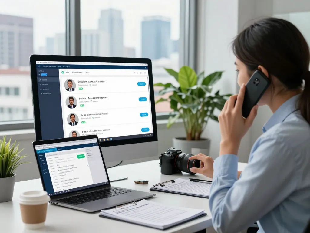 Automated phone interview setup with recruiter using AI technology to evaluate candidates in a modern office.