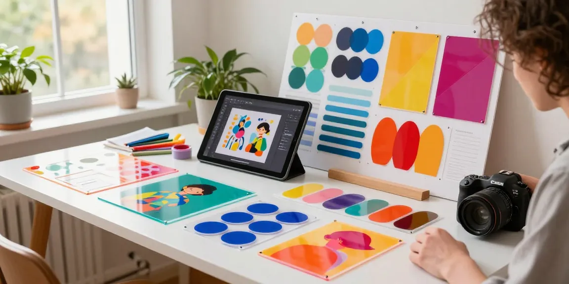 Custom acrylic standee design process in a bright workspace with vibrant colors and materials.