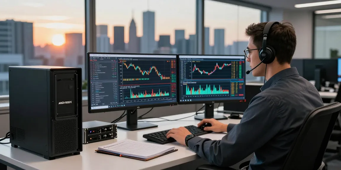 Futures trading VPS setup featuring Ryzen servers, multiple monitors, and real-time market data in a modern office