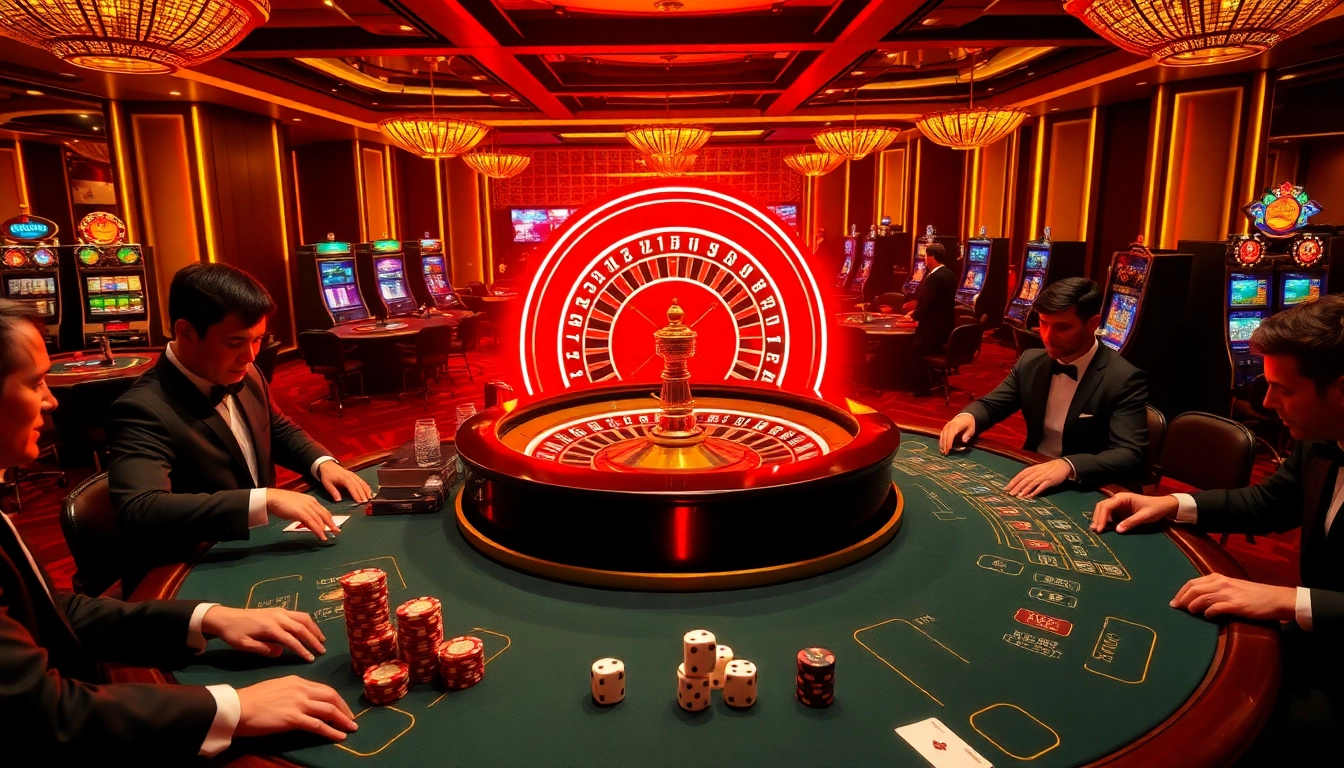 Excited players enjoying Blackjack and Poker games at 98win's vibrant casino atmosphere.