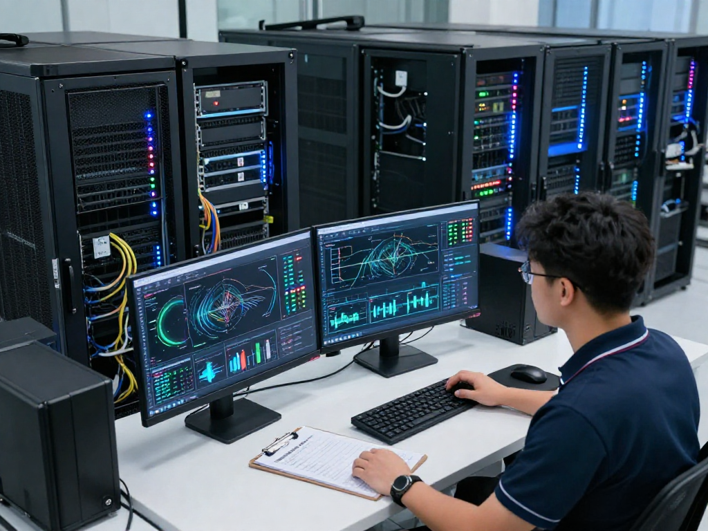 Technician managing rokok 88 server infrastructure in modern data center.