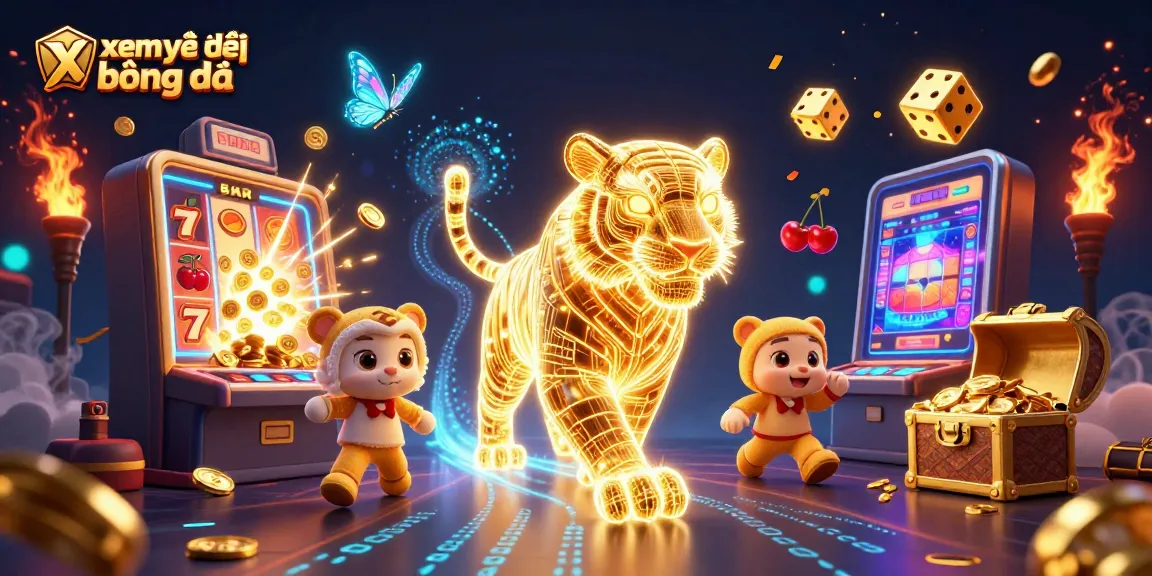 Xem trực tiếp bóng đá in a vibrant casino scene featuring a neon tiger and dynamic gaming elements.