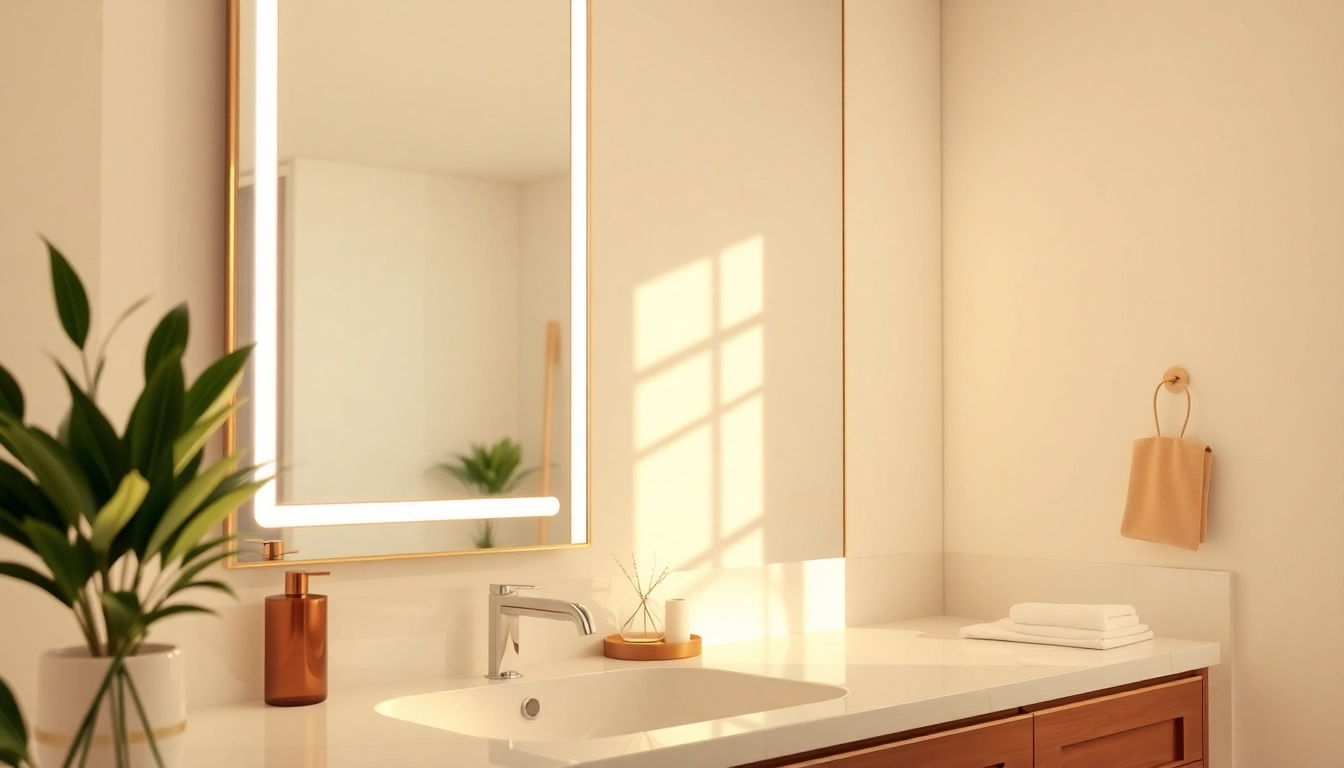 Illuminate your space with a sleek mirror and led lights enhancing modern aesthetics.