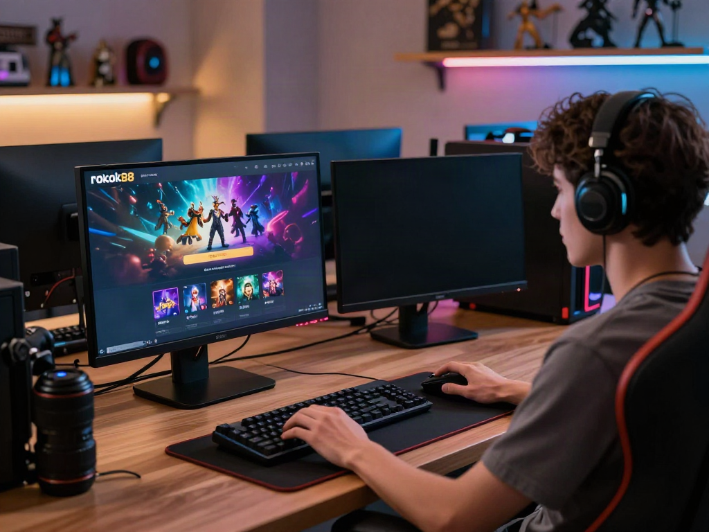 Exciting rokok88 login experience shown on a modern gaming setup with vibrant display and accessories.