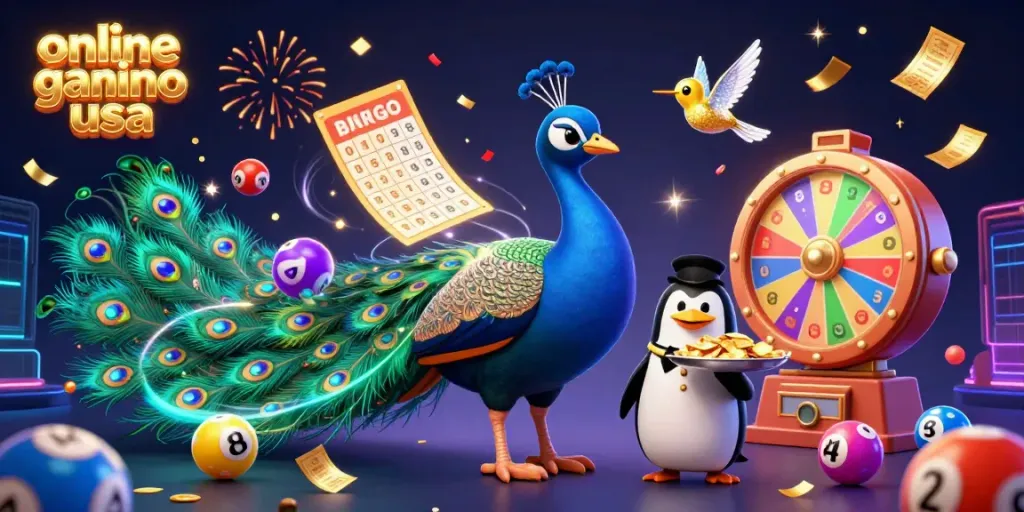 Engaging scene showcasing online casino games USA with vibrant characters, lottery elements, and confetti.